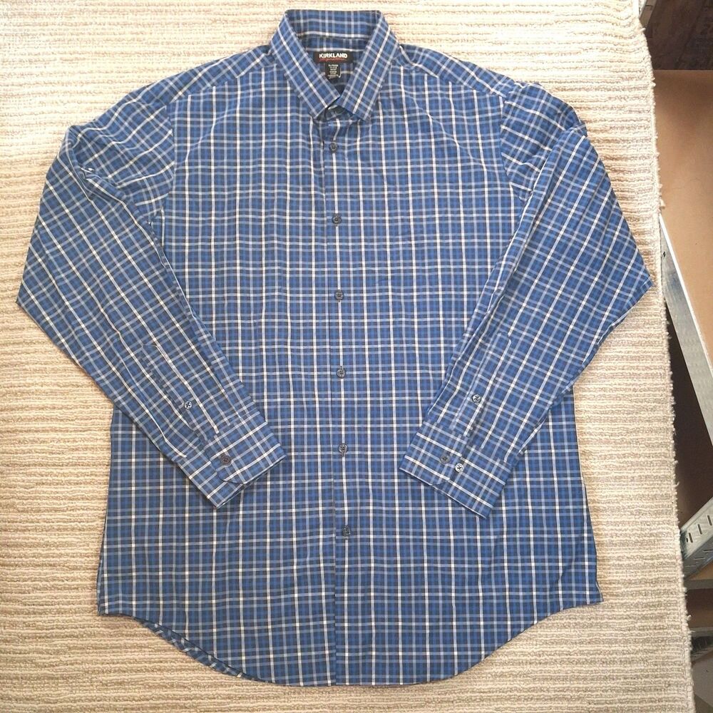 Kirkland Signature Shirt Mens XL Blue Plaid Long Sleeve Button Front 17-17.5 36